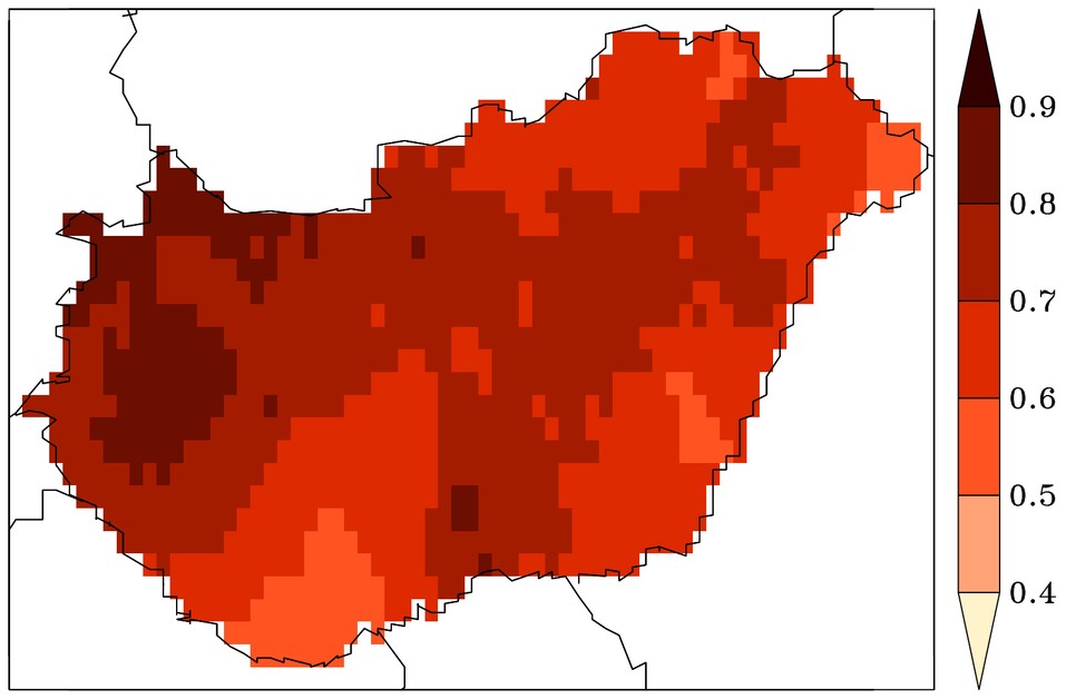 4. ábra: Az évi maximumhőmérséklet évtizedes trendje [°C/évtized] az 1971-2020 időszakban az Országos Meteorológiai Szolgálat mérései alapján. A trend mindenhol statisztikailag szignifikáns. A szerzők ábrája.