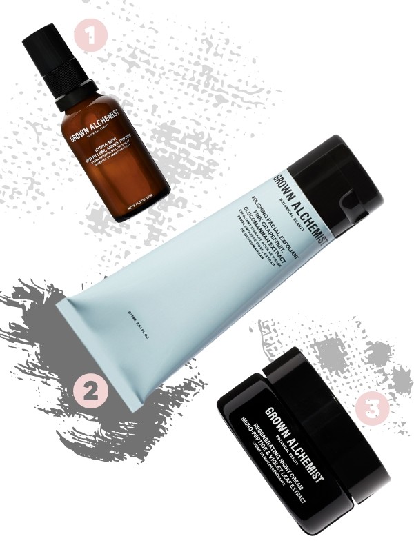 1. Arcpermet dehidratált bőrre GROWN ALCHEMIST 8690 Ft/30 ml 2. Ragyogásfokozó hámlasztó arcradír GROWN ALCHEMIST 18 990 Ft/75 ml (253,2 Ft/1 ml) 3. Regeneráló éjszakai krém GROWN ALCHEMIST 32 990 Ft/40 ml