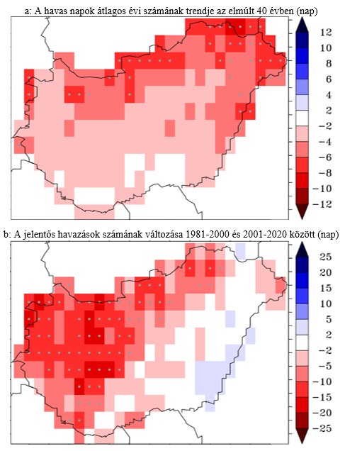 1. ábra: A havas napok átlagos évi számának trendje (a) és a jelentős havazások számának változása (b) a megfigyelések szerint az 1981-2020 időszakban. Szürke pöttyözés jelöli a statisztikailag szignifikánsan változó területeket. A szerzők ábrája.