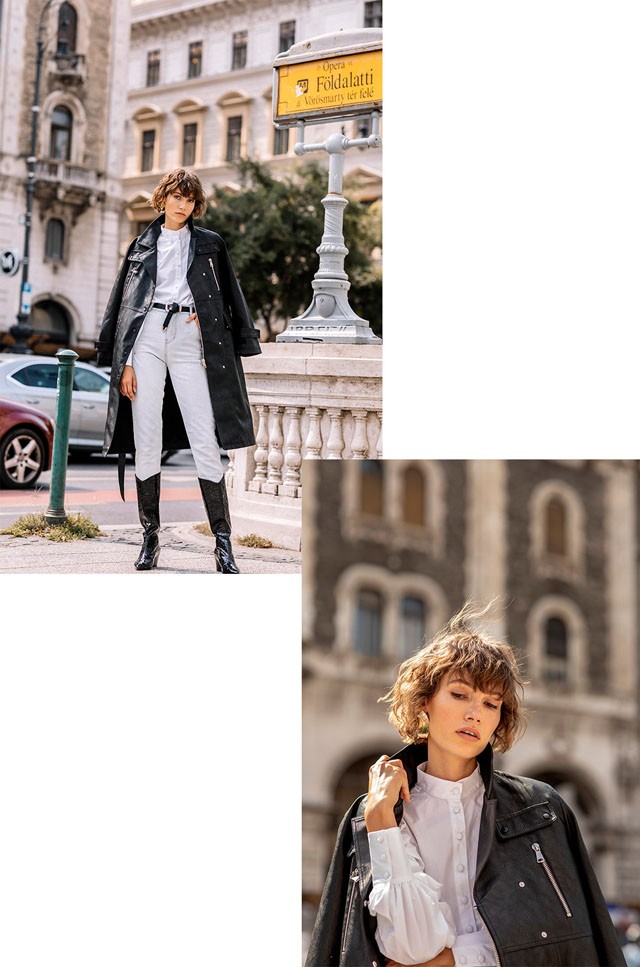 Bő ujjú fehér ing  9995Bőrhatású kabát  22995MOM FIT farmernadrág  8995Díszcsatos öv  1995