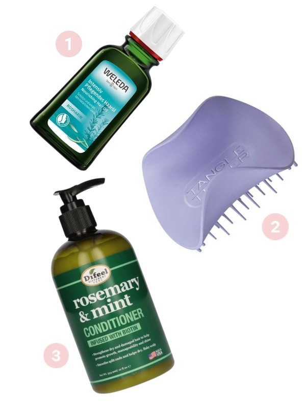 1. Intenzíven ápoló hajolaj WELEDA 3199 Ft/50 ml (63,98 Ft/1 ml) 2. Fejbőr masszírozó kefe (Lavender Lite) TANGLE TEEZER 4599 Ft 3. Rosemary&Mint balzsam DIFEEL 1999 Ft/355 ml (5,63 Ft/1 ml) - rossmann.hu