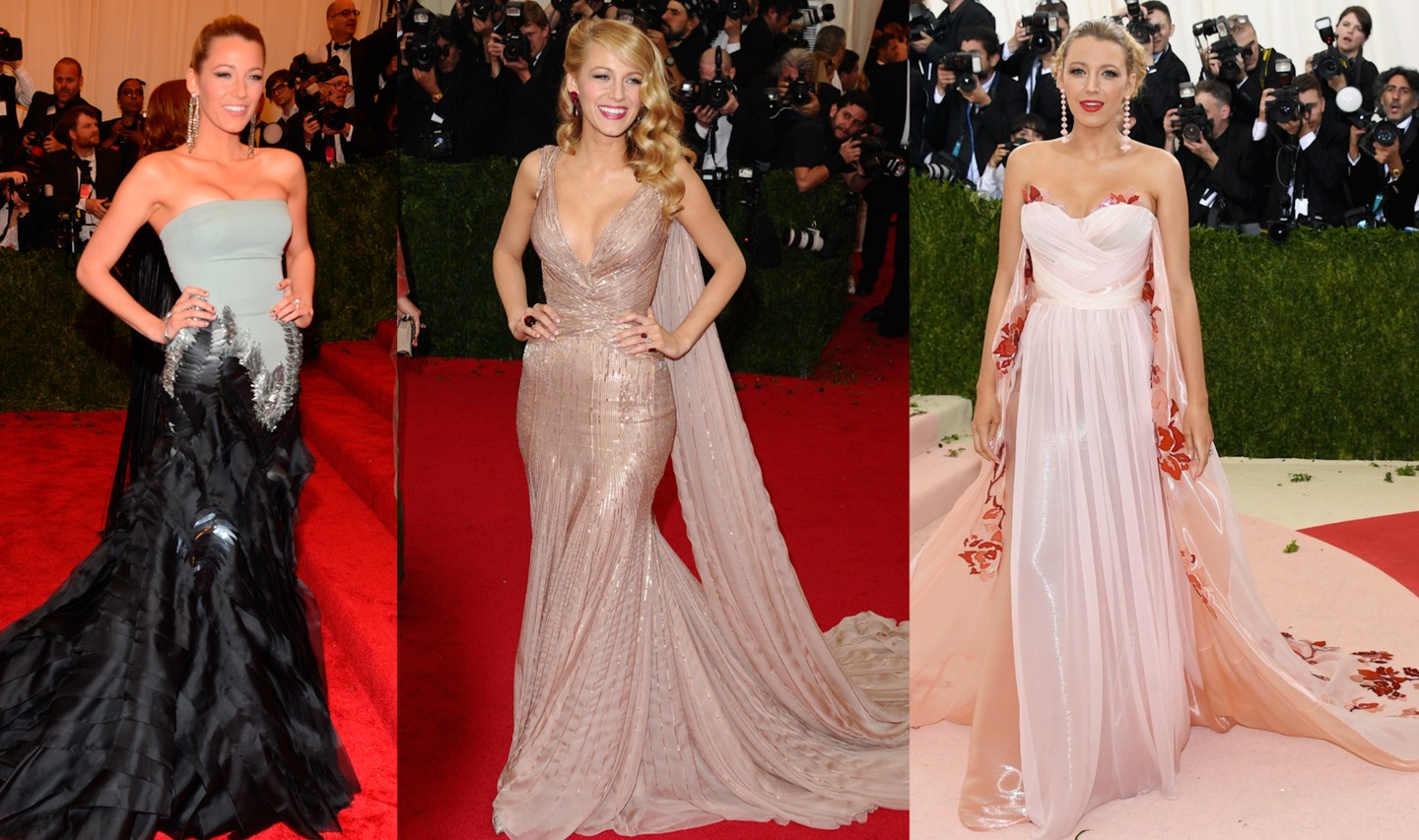 Blake Lively mindig feldobja a megjelenését. Jól látható, hogy 2013-tól már sokkal merészebb tervezésű darabokat választott. (Balról jobbra) 2013 Gucci ruha, 2014 Gucci ruha, 2016 Burberry ruha