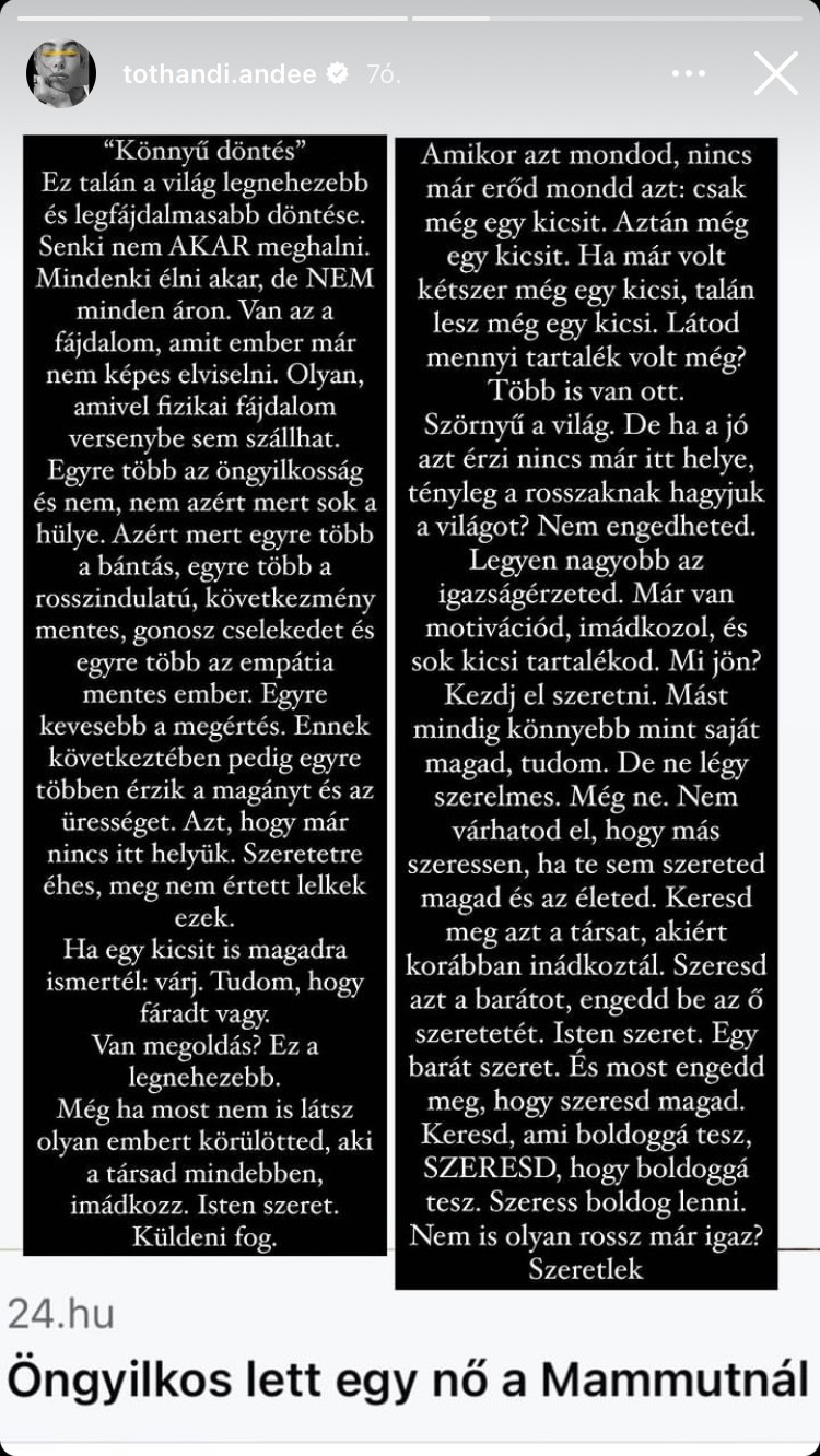 Tóth Andi szeretetet küld azoknak, akik az öngyilkosságot fontolgatják