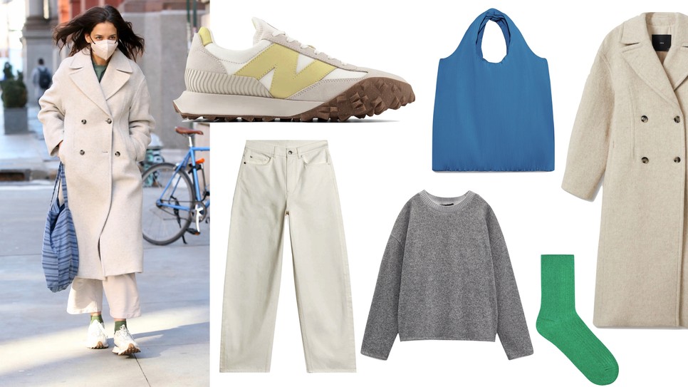 Cipő NEW BALANCE 42 990 Ft, Nadrág ARKET arket.com, Táska COS cos.com, Zokni COS cos.com, Pulóver ZARA 6995 Ft, Kabát MANGO 59 995 Ft