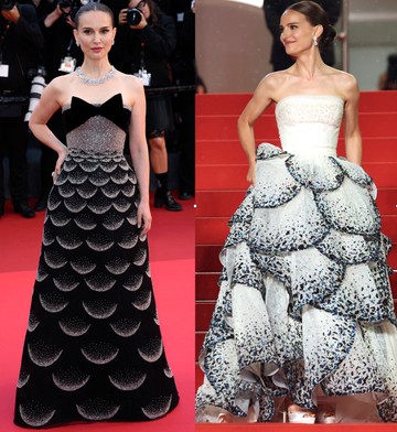 Natalie Portman az Eddington premierjén egy 1951-es Dior haute couture ruha újratervezett változatát viselte. A színésznő egyszerre tekintett vissza Dior és saját történetére ezzel a tervezéssel. Érdekesség, hogy a 2023-as cannes-i fesztiválon (második kép) már viselt egy nagyon hasonló Dior tervezést fehér változatban.