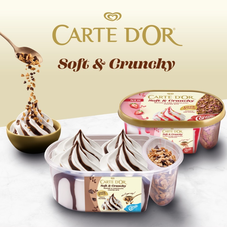 A Carte d’Or Soft & Crunchy prémium jégkrém ropogós feltétekkel és krémes textúrával hozza el az otthoni desszertélményt idén nyáron