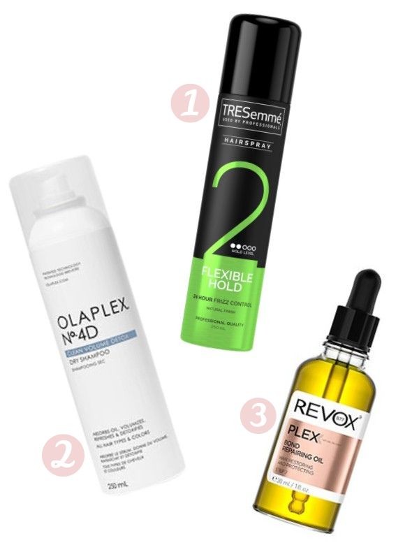 1. No.4D Clean Volume Detox Szárazsampon OLAPLEX 9900 Ft/250 ml (39,6 Ft/1 ml)  2. Rugalmas tartást adó hajlakk TRESEMMÉ 2 299 Ft/250 ml (9,19 Ft/1 ml) 3. B77 Plex Hajvégápoló Olaj REVOX 4 999 Ft/30 ml