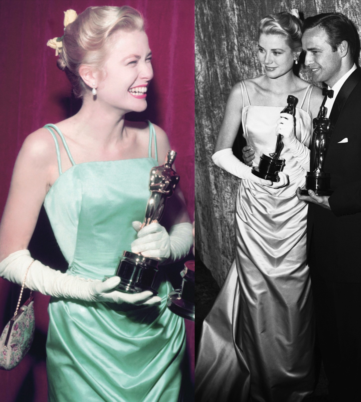 1955 - Grace Kelly, aki az 1955-ös gálán a The Country Girl című filmért nyerte el a legjobb színésznő díját, egy halványzöld, szatén Edith Head-ruhában lépett a vörös szőnyegre. Bár a ruha kifinomult szabásvonala és letisztult eleganciája ikonikus volt, Audrey Hepburn Givenchy-ruhája mégis sokkal nagyobb figyelmet kapott abban az évben.