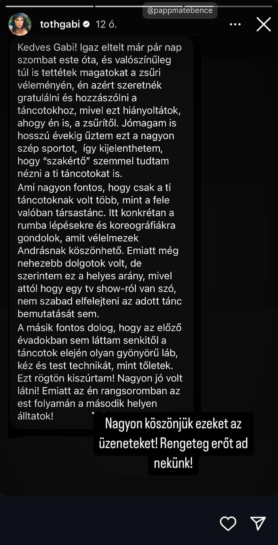 Egy néző Instagramon üzent Tóth Gabinak és partnerének, Papp Máté Bencének