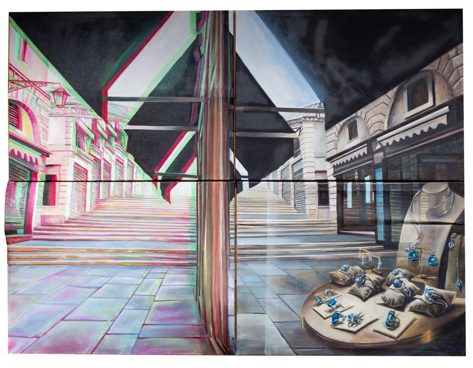 Székely Annamária: Három dimenzió, két valóság IV. – Velence (2026), olaj, vászon, 100 × 140 cm. A MissionArt Galéria Budapest Contemporary-n látható A látható határán című kiállításának festménye tükröződésekkel és egymásra rétegződő városi terekkel bizonytalanítja el a valóság és az érzékelt látvány határát. Fotó: MissionArt Galéria