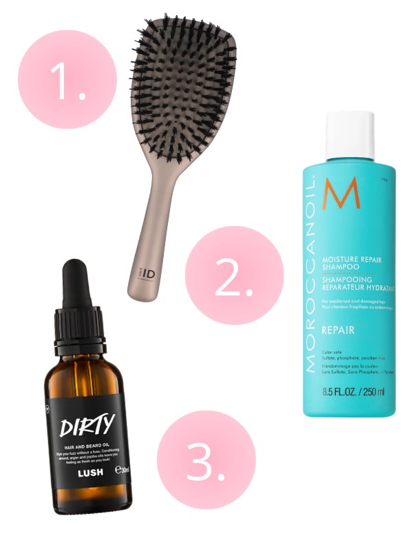 1. Anti-Frizz hajkefe PARSA BEAUTY 5850 Ft  2. Repair sampon MOROCCANOIL 10 900 Ft/250 ml (43,6 Ft/1 ml)  3. Dirty haj- és szakállápoló olaj LUSH 8590 Ft/30 g