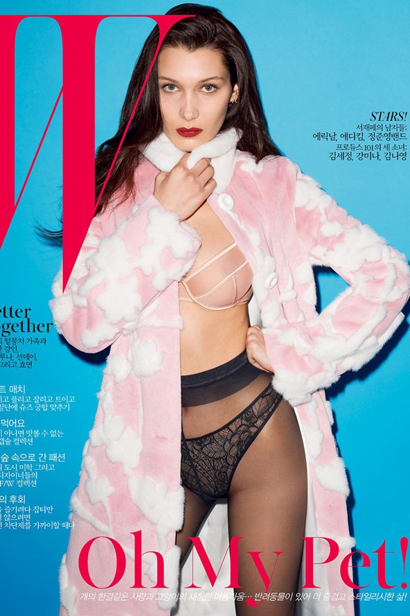 bella hadid, gigi hadid, sztármodell, címlap, w magazin, fehérnemű