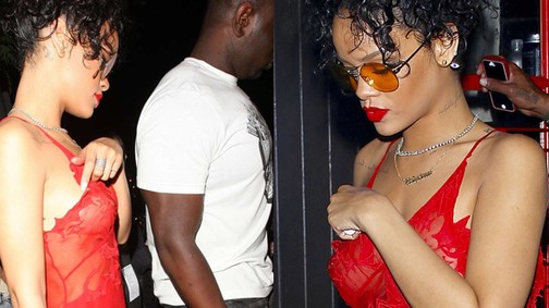 Áttetsző vörös neglizsében villantott Rihanna