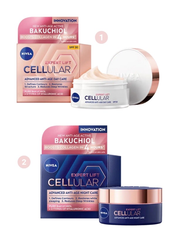 1. Cellular Expert Lift nappali arckrém NIVEA 8399 Ft/50 ml (167,98 Ft/1 ml) 2. Cellular Expert Lift éjszakai arckrém NIVEA 6619 Ft/50 ml (132,38 Ft/1 ml)