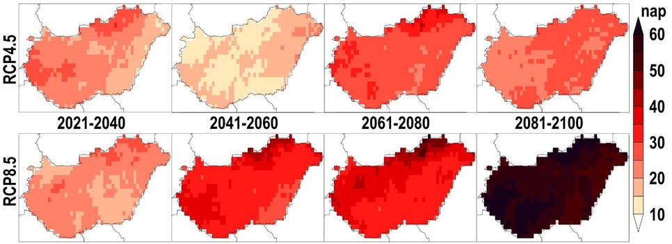 5. ábra: A téli melegrekordok várható átlagos előfordulása 2021-2040, 2041-2060, 2061-2080 és 2081-2100-ra a változatlan éghajlati viszonyokhoz képest, az optimistább RCP4.5 (fent) és pesszimista RCP8.5 (lent) forgatókönyvet figyelembe véve. Mindkét esetben 6-6 modellszimulációt vizsgáltunk, melyek átlagát mutatjuk be. A szerzők ábrája.