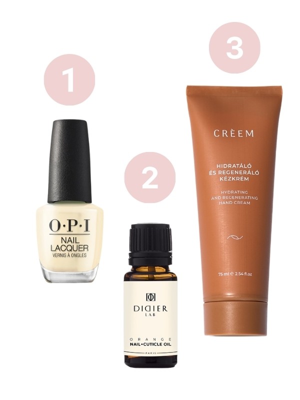 1. Blinded By The Ring Light körömlakk OPI 3699 Ft/15 ml 2. Narancs illatú köröm- és kutikula olaj DIDIER LAB 1950 Ft/15 ml - didierlab.hu 3. Hidratáló és regereneráló kézkrém CRÈEM 5750 Ft/75 ml