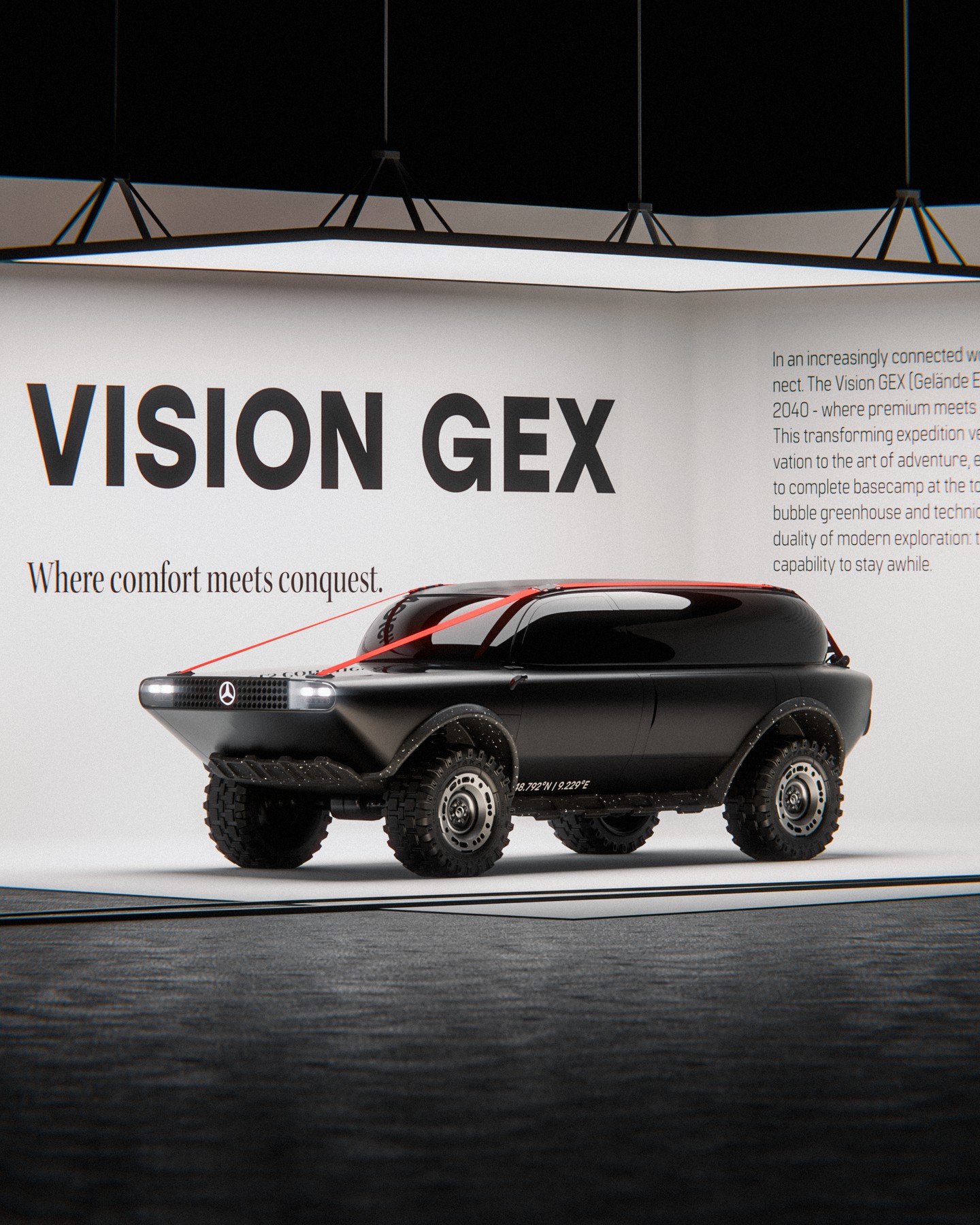 A Vision GEX (Gelände Exploration) egy 2040-re tervezett luxus szabadidő-autó, amely utcai terepjáróként funkcionál, de egyetlen gombnyomással teljes táborrá alakítható. Alvóhellyel és konyhával felszerelve lehetőséget ad arra, hogy tulajdonosai a természetben éjszakázzanak, kiszakadva a jövő technológiával telített hétköznapjaiból