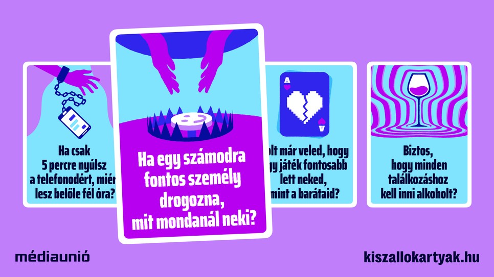 A Médiaunió Kiszállókártyák kampánya az alkohol-, drog-, játék- és képernyőfüggőség jeleire hívja fel a figyelmet, és konkrét segítséget nyújt a tinédzsereknek, szülőknek és pedagógusoknak a probléma felismeréséhez és a segítségkéréshez