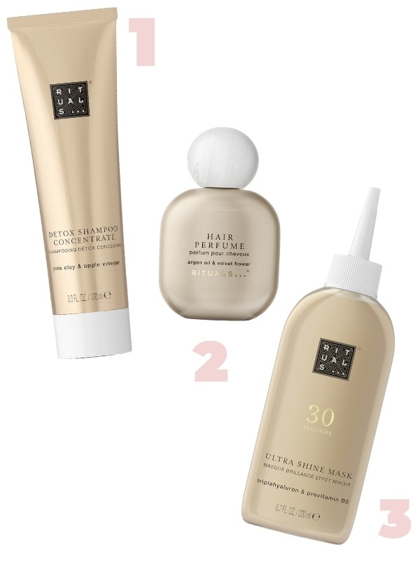 1. Detox sampon RITUALS 5290 Ft/100 ml (52,9 Ft/1 ml) 2. Hajparfüm RITUALS 10 190 Ft/50 ml (203,8 Ft/1 ml) 3. Ultra Shine hajmaszk RITUALS 7700 Ft/200 ml (38,5 Ft/1 ml) 